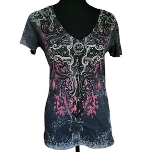 Angels and Diamonds Embellished Bling AOP Wing Cross Top Sz M